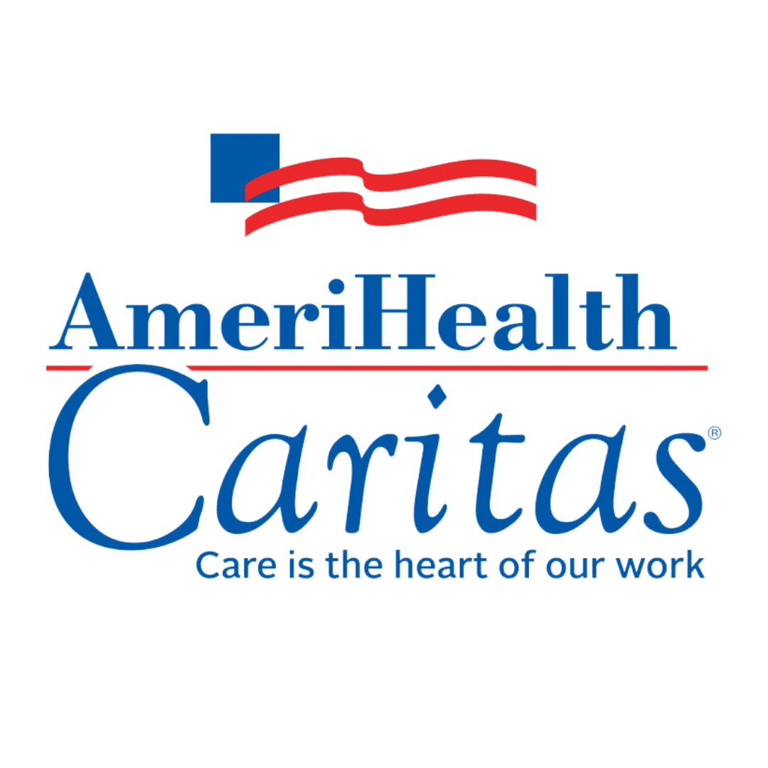 A green background with the words amerihealth caritas in blue and red.